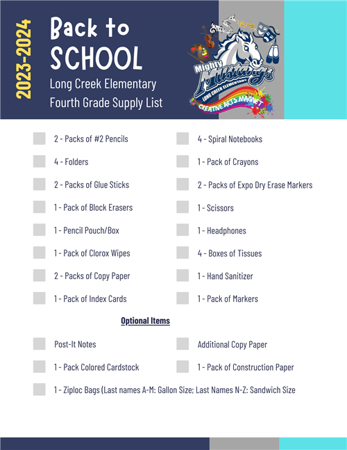 2023-2024 Fourth Grade School Supply List